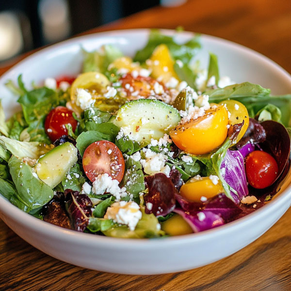 Fresh garden salad with crisp lettuce, cherry tomatoes, cucumbers, carrots, and red onion tossed in a light vinaigrette.