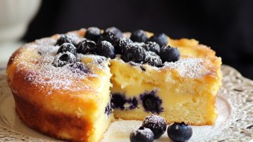 Custard cake topped with fresh blueberries and dusted with powdered sugar on a rustic plate