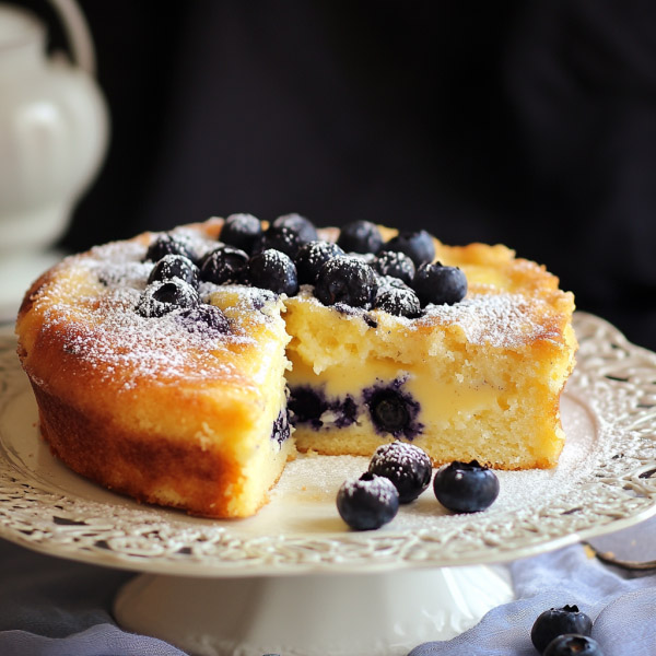 Custard cake topped with fresh blueberries and dusted with powdered sugar on a rustic plate