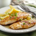 Golden pan‑fried fish fillets with lemon wedges and fresh herbs served on a rustic plate