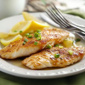 Golden pan‑fried fish fillets with lemon wedges and fresh herbs served on a rustic plate