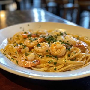 Shrimp scampi with linguini pasta tossed in a garlic butter sauce, garnished with fresh parsley and lemon wedges, served in a white bowl.