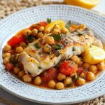 Grilled hake fillet served with spiced chickpeas, fresh herbs, and a drizzle of olive oil on a rustic plate.