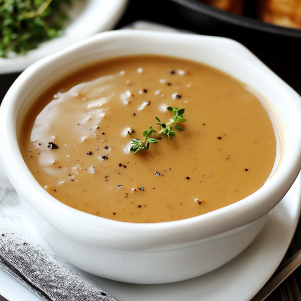 Rich turkey gravy served in a gravy boat, golden brown and silky smooth, poured over roasted turkey slices with herbs.
