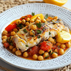 Grilled hake fillet served with spiced chickpeas, fresh herbs, and a drizzle of olive oil on a rustic plate.