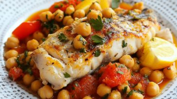 Grilled hake fillet served with spiced chickpeas, fresh herbs, and a drizzle of olive oil on a rustic plate.