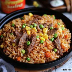 “Sizzling Beef” Steak Fried Rice Recipe with tender beef slices, colorful vegetables, and fluffy fried rice served in a sizzling skillet.