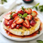 Strawberry baked brie topped with fresh strawberries, golden pastry, and a drizzle of honey, served warm and gooey.