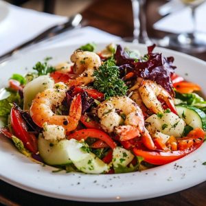 Fresh taverna Greek salad with tomatoes, cucumbers, red onions, olives, and feta cheese drizzled with olive oil and herbs.