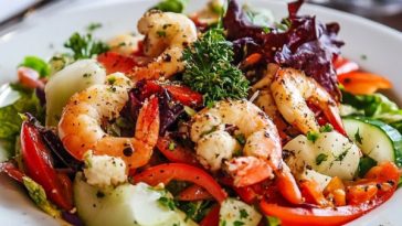 Fresh taverna Greek salad with tomatoes, cucumbers, red onions, olives, and feta cheese drizzled with olive oil and herbs.