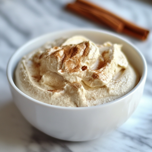 Creamy cinnamon cream cheese spread in a bowl, topped with a sprinkle of cinnamon and served with crackers.