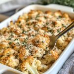 Golden parmesan roasted cauliflower florets on a baking sheet, sprinkled with herbs and served warm.