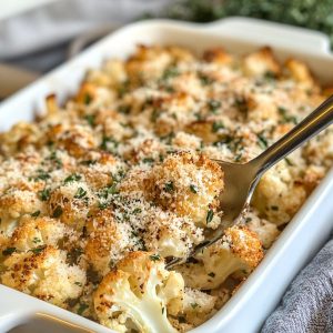 Golden parmesan roasted cauliflower florets on a baking sheet, sprinkled with herbs and served warm.