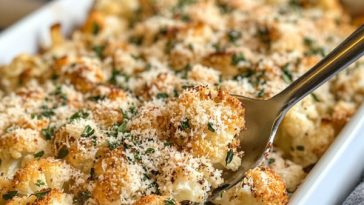 Golden parmesan roasted cauliflower florets on a baking sheet, sprinkled with herbs and served warm.