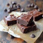 Squares of creamy homemade fudge made with six simple ingredients, stacked neatly on a dessert plate.