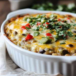 Cheesy green chile bean bake fresh out of the oven, bubbling with melted cheese, beans, and roasted green chiles in a casserole dish.
