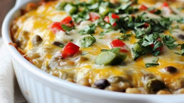Cheesy green chile bean bake fresh out of the oven, bubbling with melted cheese, beans, and roasted green chiles in a casserole dish.