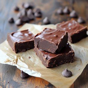 Squares of creamy homemade fudge made with six simple ingredients, stacked neatly on a dessert plate.