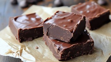 Squares of creamy homemade fudge made with six simple ingredients, stacked neatly on a dessert plate.