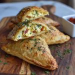 "Golden, flaky savory feta turnovers filled with creamy feta cheese and fresh herbs, served warm."