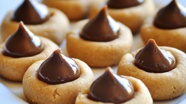 Classic peanut butter blossoms cookies topped with Hershey’s chocolate kisses on a festive plate.