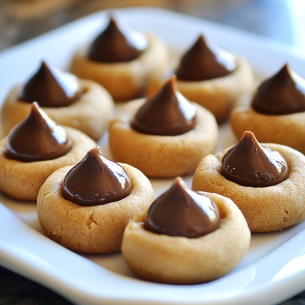 Classic peanut butter blossoms cookies topped with Hershey’s chocolate kisses on a festive plate.