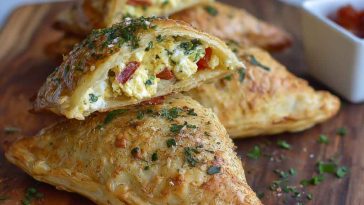 "Golden, flaky savory feta turnovers filled with creamy feta cheese and fresh herbs, served warm."