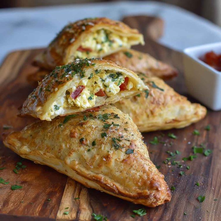 "Golden, flaky savory feta turnovers filled with creamy feta cheese and fresh herbs, served warm."
