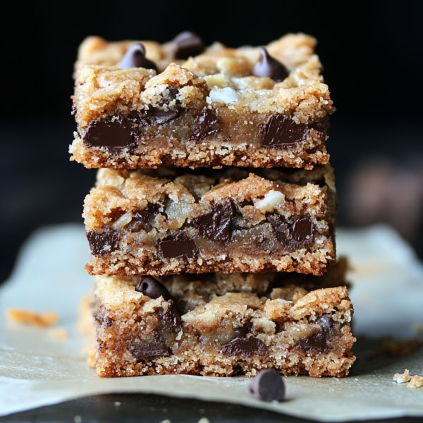 Golden coconut toffee chocolate chip cookie bars cut into squares, with gooey chocolate and crunchy toffee pieces.