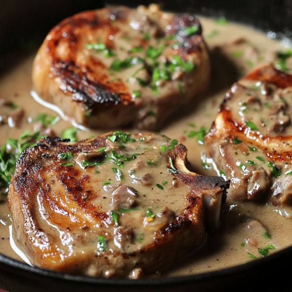 Juicy smothered pork chops covered in rich onion gravy, served with mashed potatoes and fresh herbs.