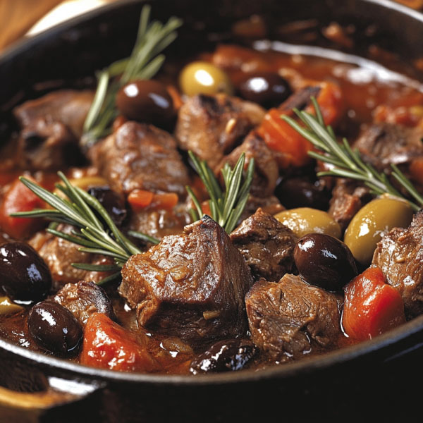 Rustic lamb stew with rosemary and olives served in a deep bowl, garnished with fresh herbs and crusty bread on the side.