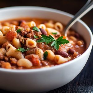 Rustic bowl of pasta e fagioli with ditalini pasta, beans, tomatoes, and fresh herbs in a savory broth.