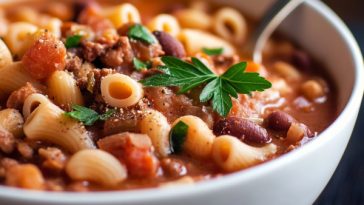 Rustic bowl of pasta e fagioli with ditalini pasta, beans, tomatoes, and fresh herbs in a savory broth.