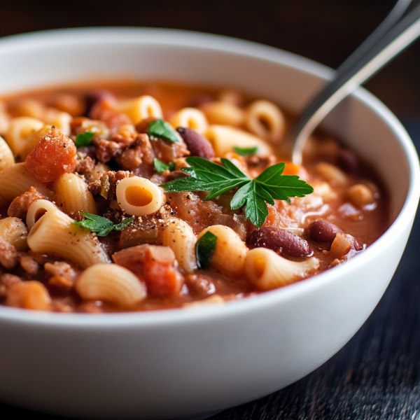 Rustic bowl of pasta e fagioli with ditalini pasta, beans, tomatoes, and fresh herbs in a savory broth.