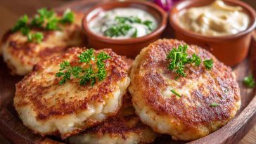 "Golden, crispy kotlet patties made with ground meat, potatoes, and onions, served with fresh herbs."