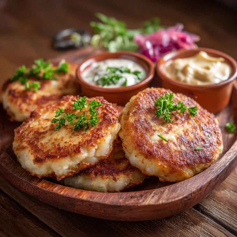 "Golden, crispy kotlet patties made with ground meat, potatoes, and onions, served with fresh herbs."
