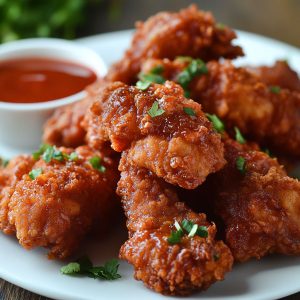 Crispy fried chicken pieces coated in golden breading, drizzled with tangy sauce, and served with fresh herbs.