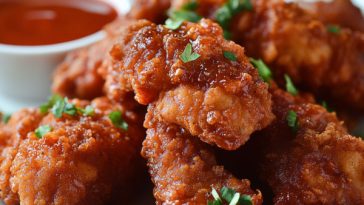 Crispy fried chicken pieces coated in golden breading, drizzled with tangy sauce, and served with fresh herbs.