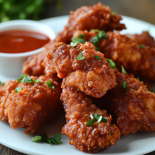 Crispy fried chicken pieces coated in golden breading, drizzled with tangy sauce, and served with fresh herbs.
