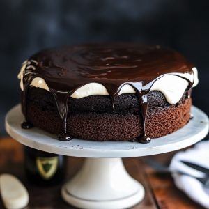 Rich chocolate Guinness cake topped with creamy frosting, served on a rustic cake stand with a slice cut out.