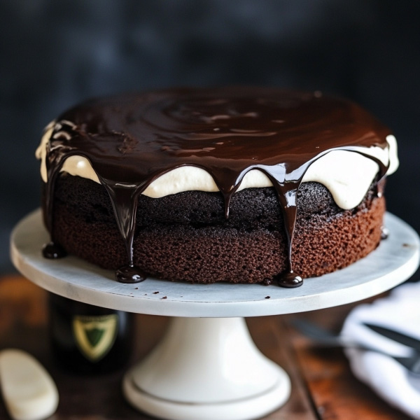 Rich chocolate Guinness cake topped with creamy frosting, served on a rustic cake stand with a slice cut out.