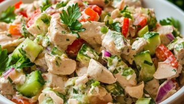 Fresh turkey salad made with shredded turkey, celery, mayonnaise, and herbs, served in a bowl with lettuce and bread on the side.