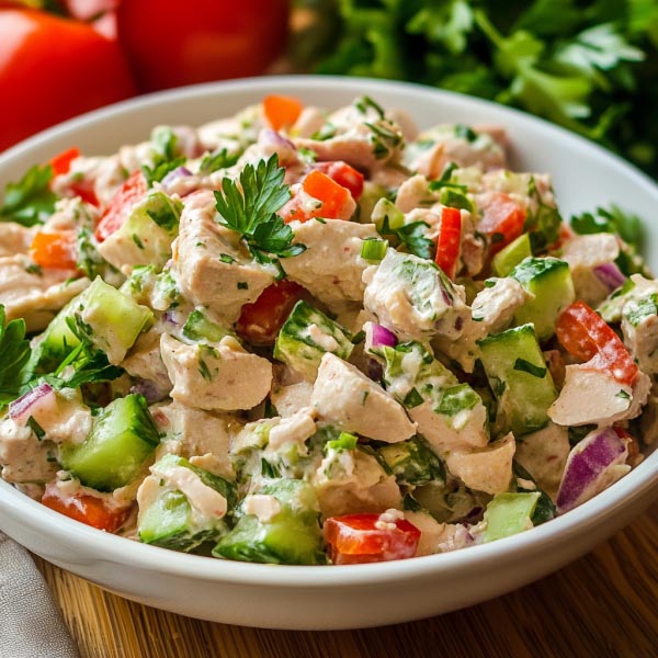 Fresh turkey salad made with shredded turkey, celery, mayonnaise, and herbs, served in a bowl with lettuce and bread on the side.