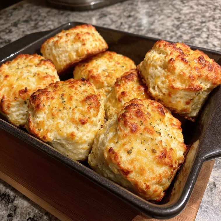 Golden butter swim biscuits baked in a skillet, with crispy edges and fluffy centers glistening with melted butter.