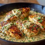 "Creamy garlic parmesan chicken served in a skillet with rich sauce, garnished with parsley and parmesan."