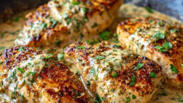 "Creamy garlic parmesan chicken served in a skillet with rich sauce, garnished with parsley and parmesan."