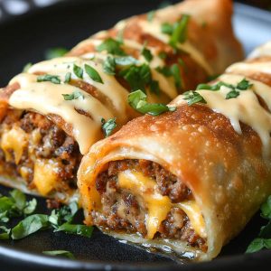 Golden, crispy cheeseburger eggrolls filled with seasoned beef, melted cheese, and pickles, served with dipping sauce.