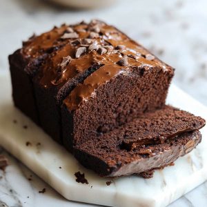 "A loaf of rich brownie bread sliced to reveal its fudgy, chocolatey texture, topped with a dusting of cocoa powder."
