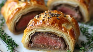 “Golden-brown mini beef Wellingtons wrapped in puff pastry, sliced open to reveal tender beef and mushroom filling.”
