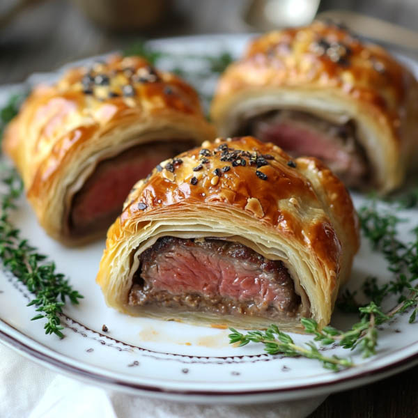 “Golden-brown mini beef Wellingtons wrapped in puff pastry, sliced open to reveal tender beef and mushroom filling.”